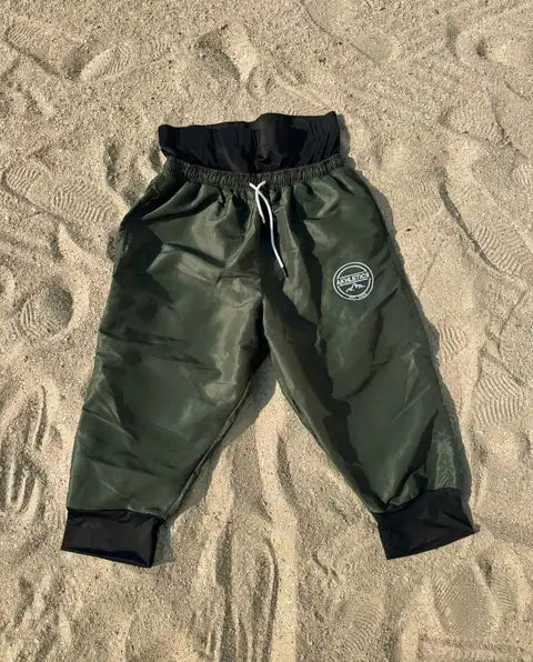 Modest swim shorts in khaki, front view